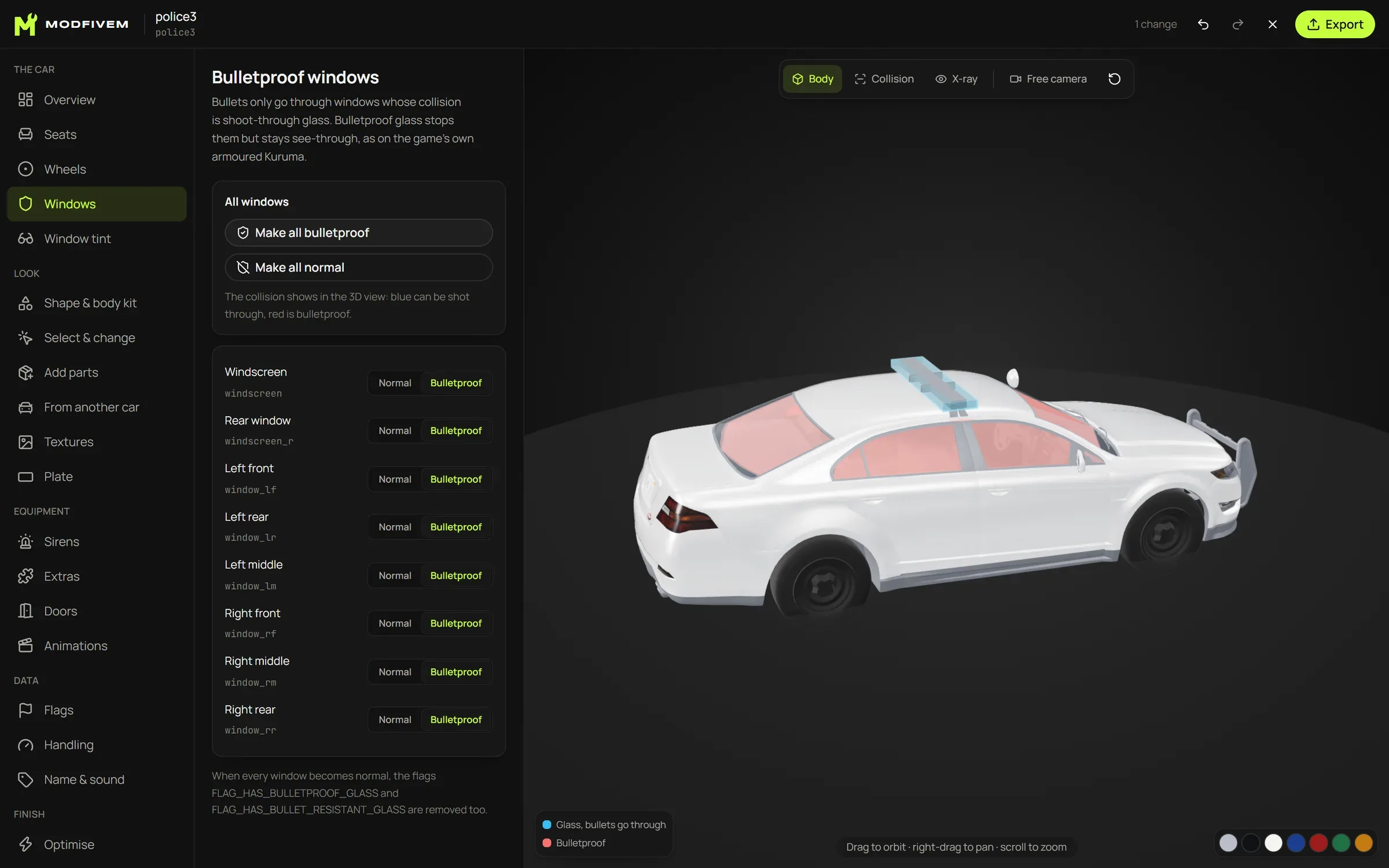 The editor with a police car open. Windows is chosen in the menu, every window is bulletproof and shows red in the 3D view.