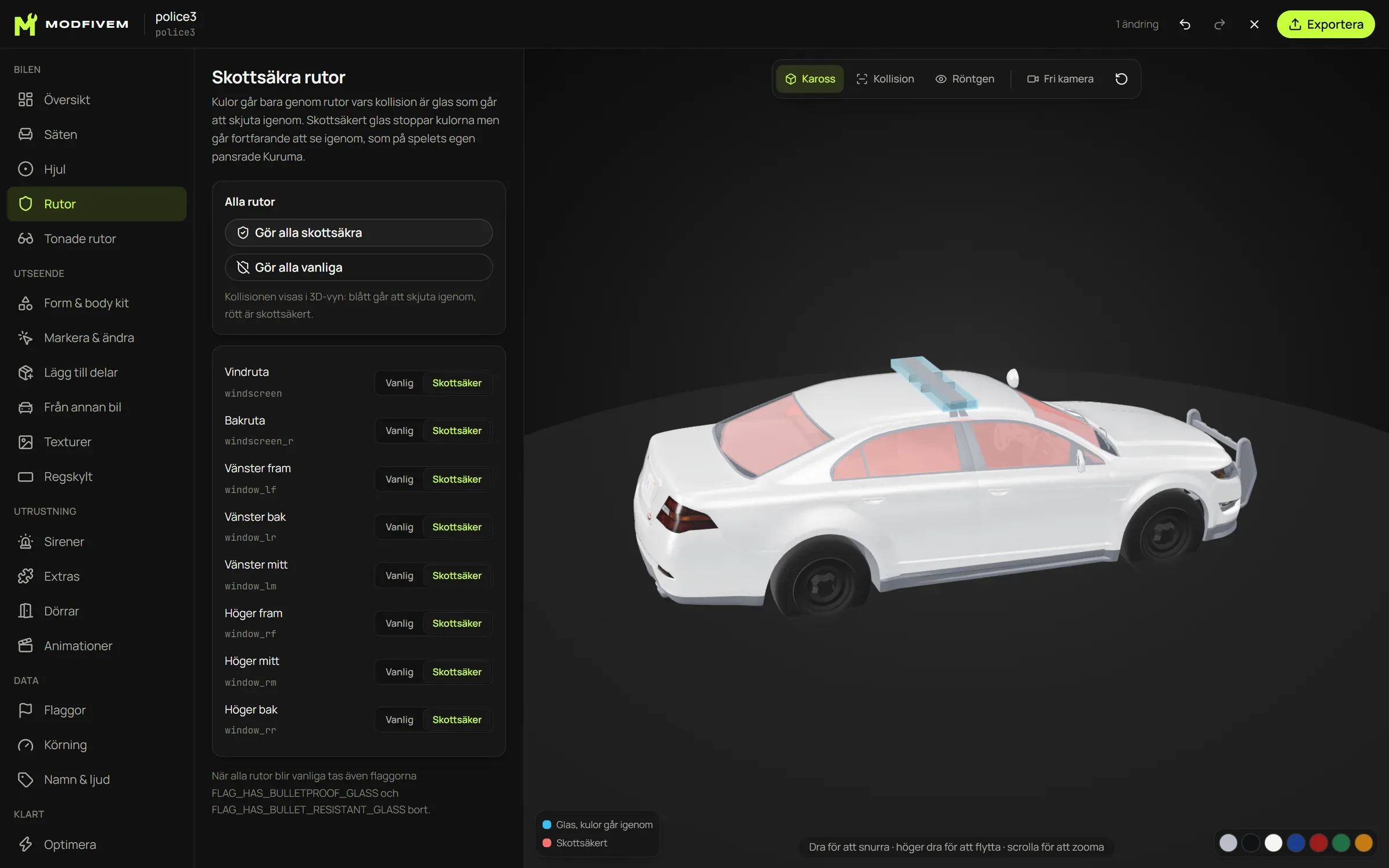 The editor with a police car open. Windows is chosen in the menu, every window is bulletproof and shows red in the 3D view.
