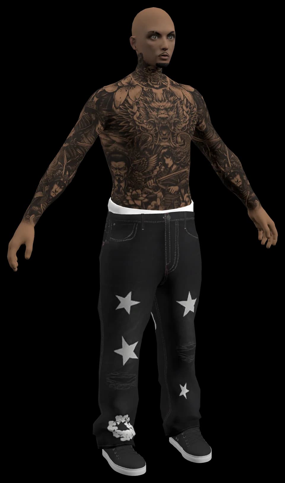 A tattooed ped in black jeans, rendered in the ped editor’s 3D view.