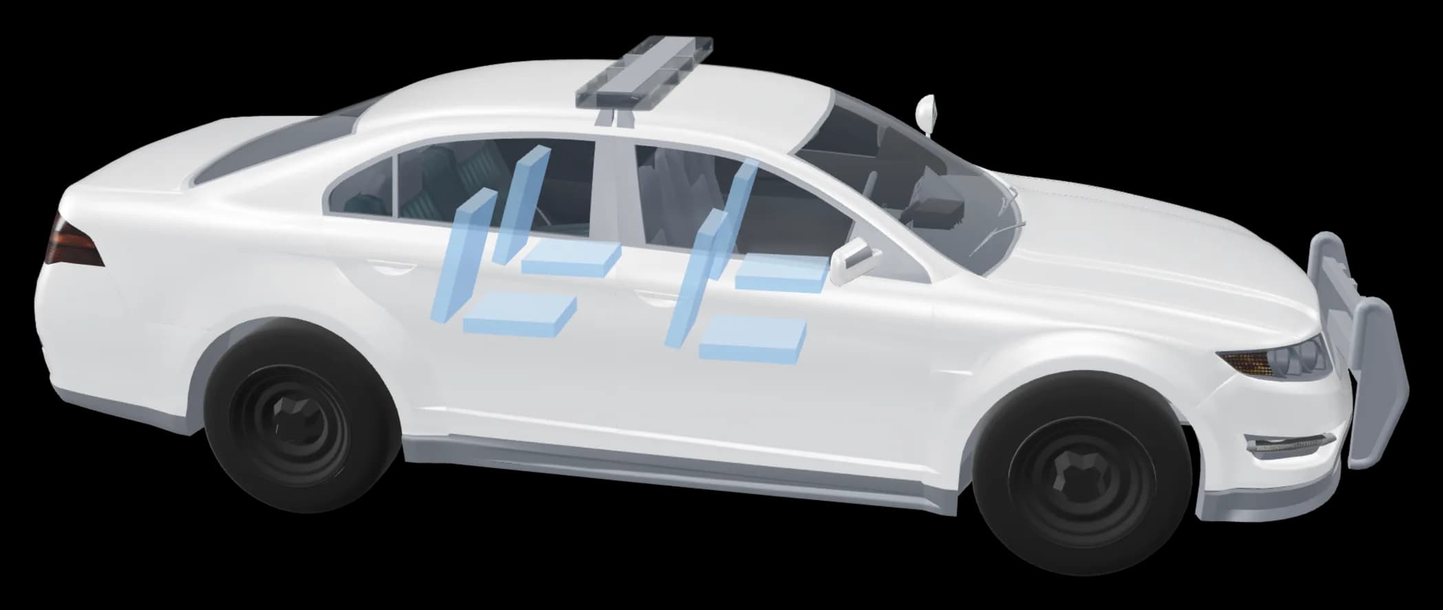 The police car in the editor with its seats marked as blue blocks.