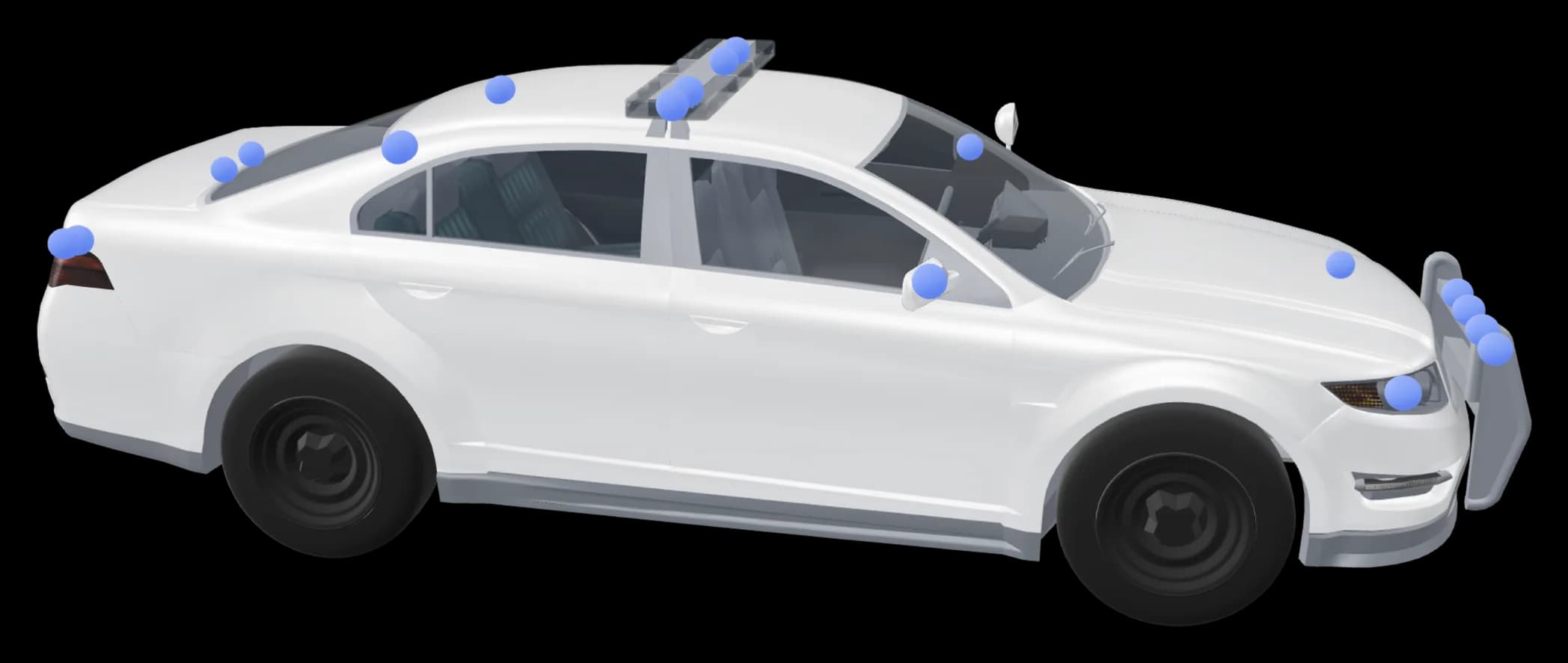 The police car in the editor with its emergency lights marked as blue dots.