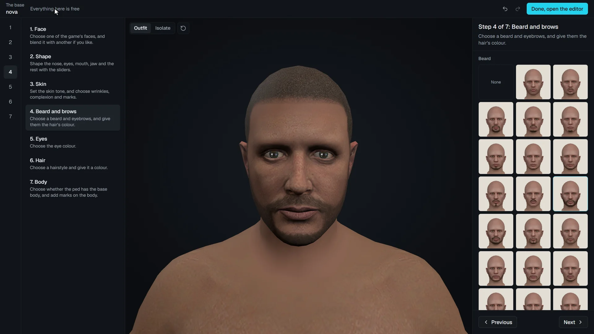 A film of the base. A new ped is created with only a name, given one of the game’s faces, braids and then a short hairstyle, and a beard. Everything in the base is free.