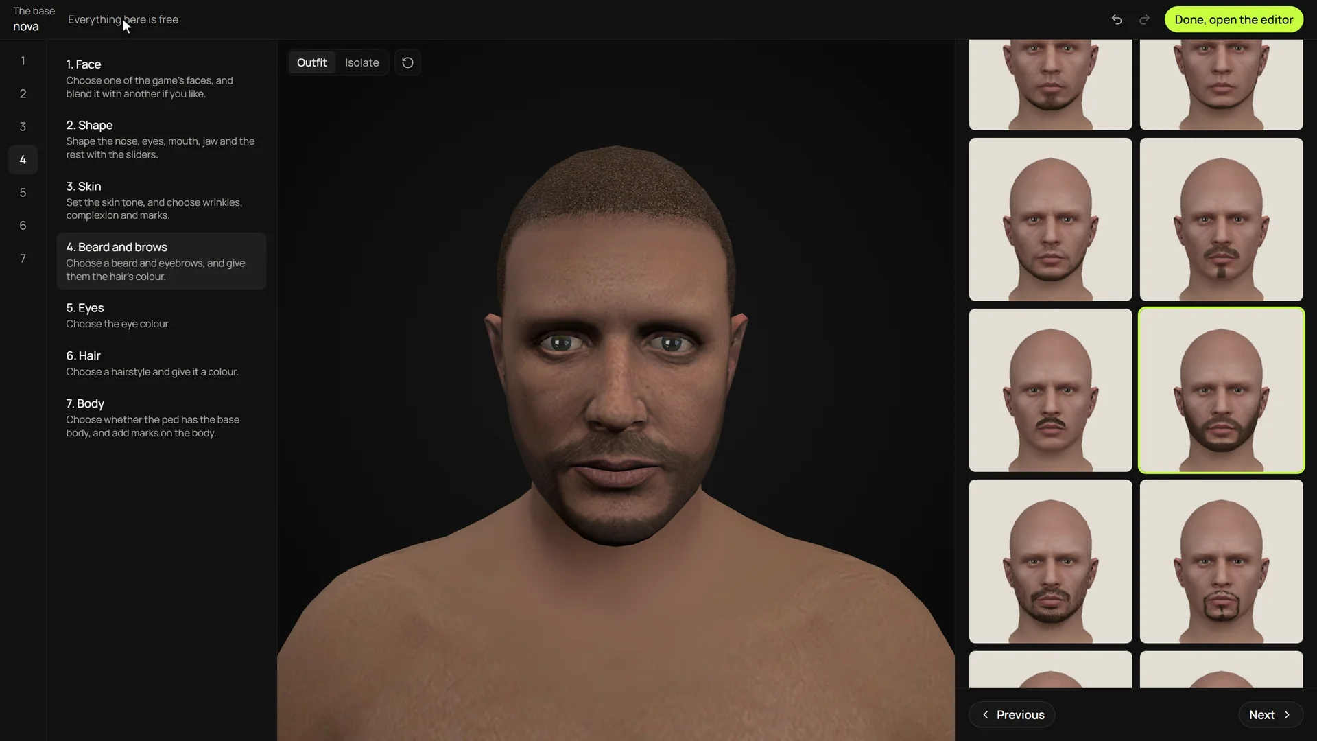 A film of the base. A new ped is created with only a name, given one of the game’s faces, braids and then a short hairstyle, and a beard. Everything in the base is free.