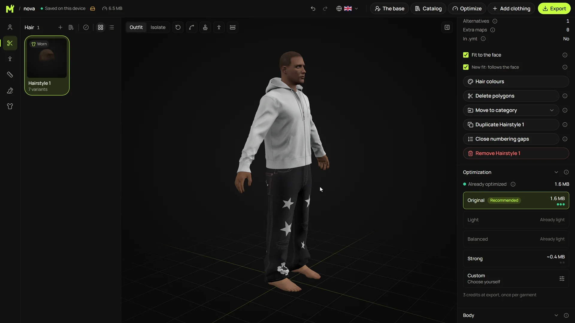 A film of the ModFiveM editor. A new ped is created with only a name, given a face and a hairstyle in the base, dressed in a grey hoodie and trousers from another ped, and exported as a FiveM resource.