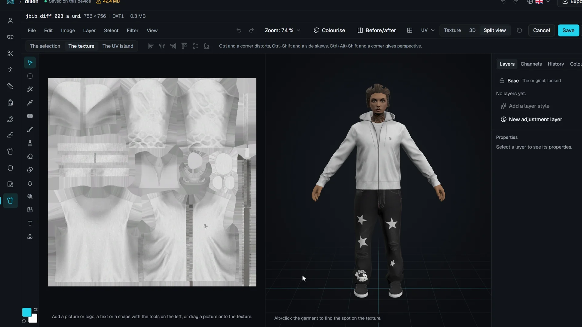 A film of the texture editor. A logo is put on a hoodie’s texture and set to Multiply, and two stripes are painted with the brush, each seen on the ped in 3D as it happens.