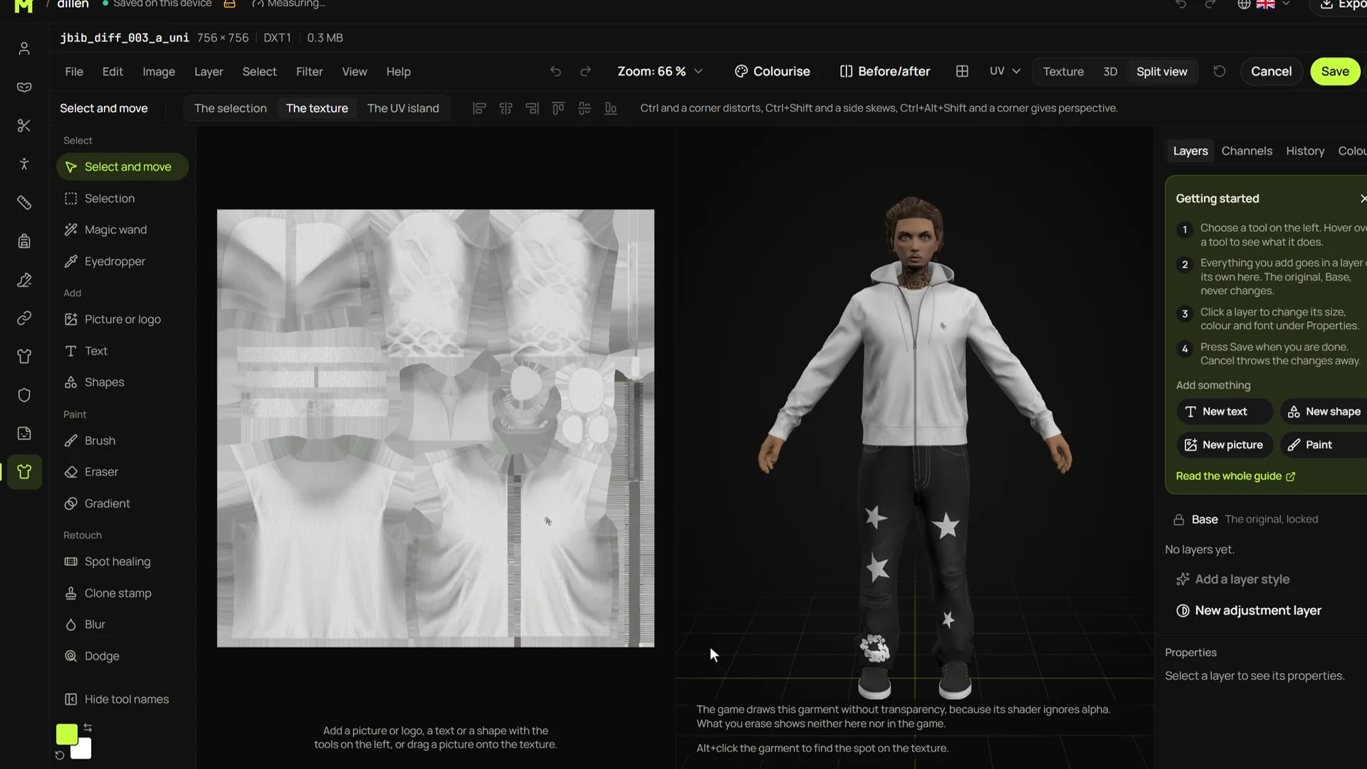 A film of the texture editor. A logo is put on a hoodie’s texture and set to Multiply, and two stripes are painted with the brush, each seen on the ped in 3D as it happens.